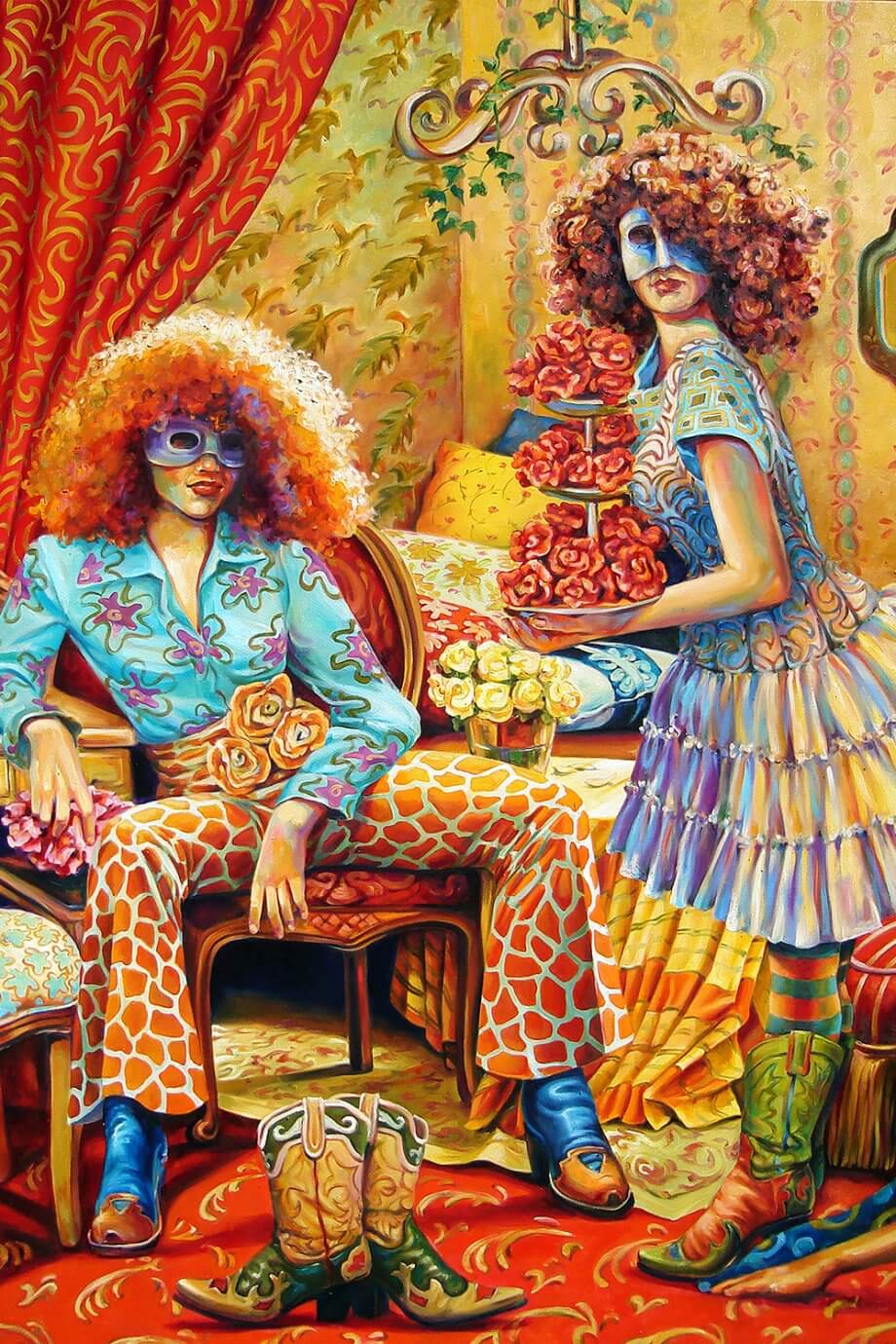 Jill and Robert Pankey painting - giraffe print pants and masquerade 
