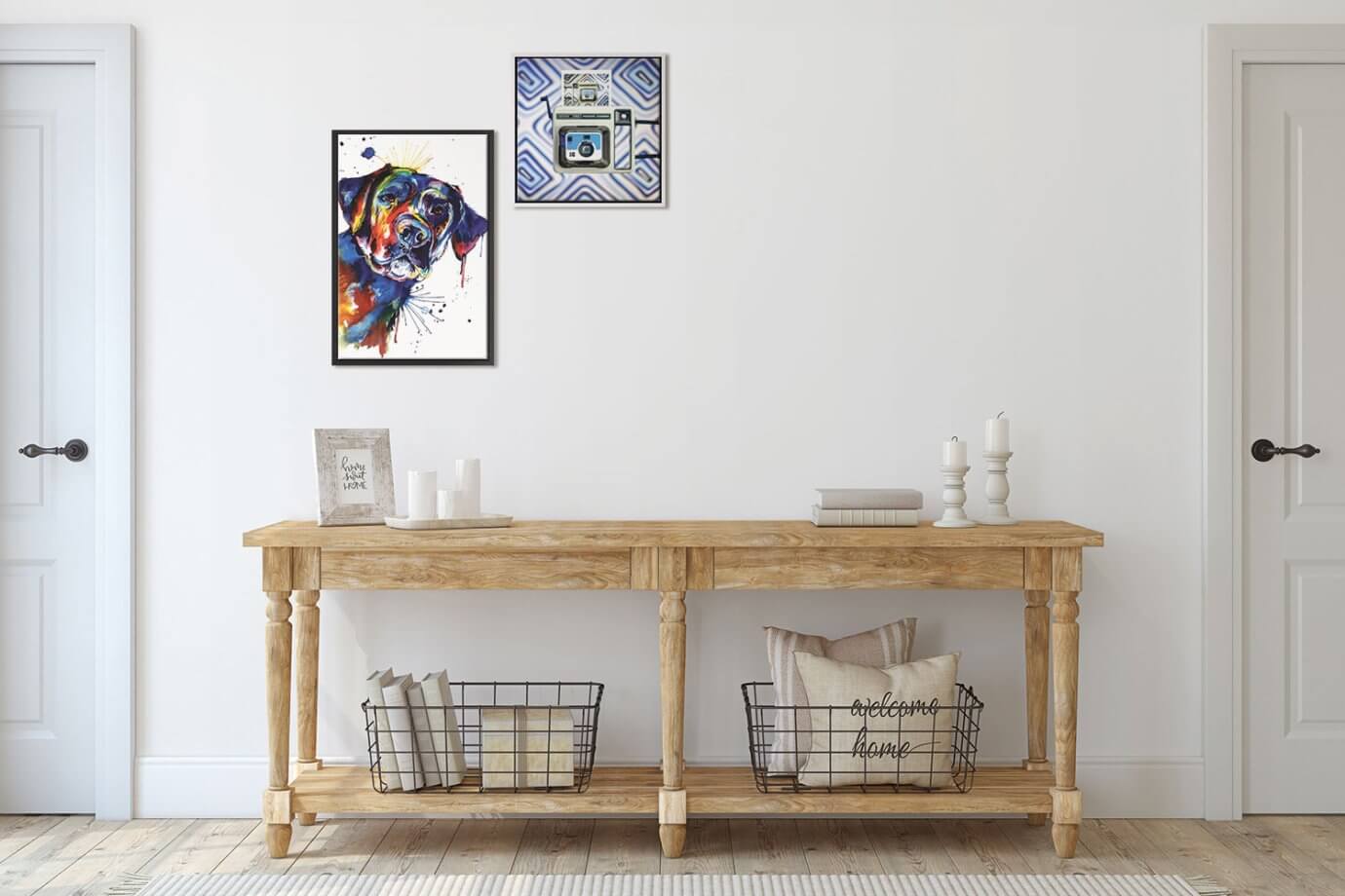 dog painting and vintage camera art above wood entryway table
