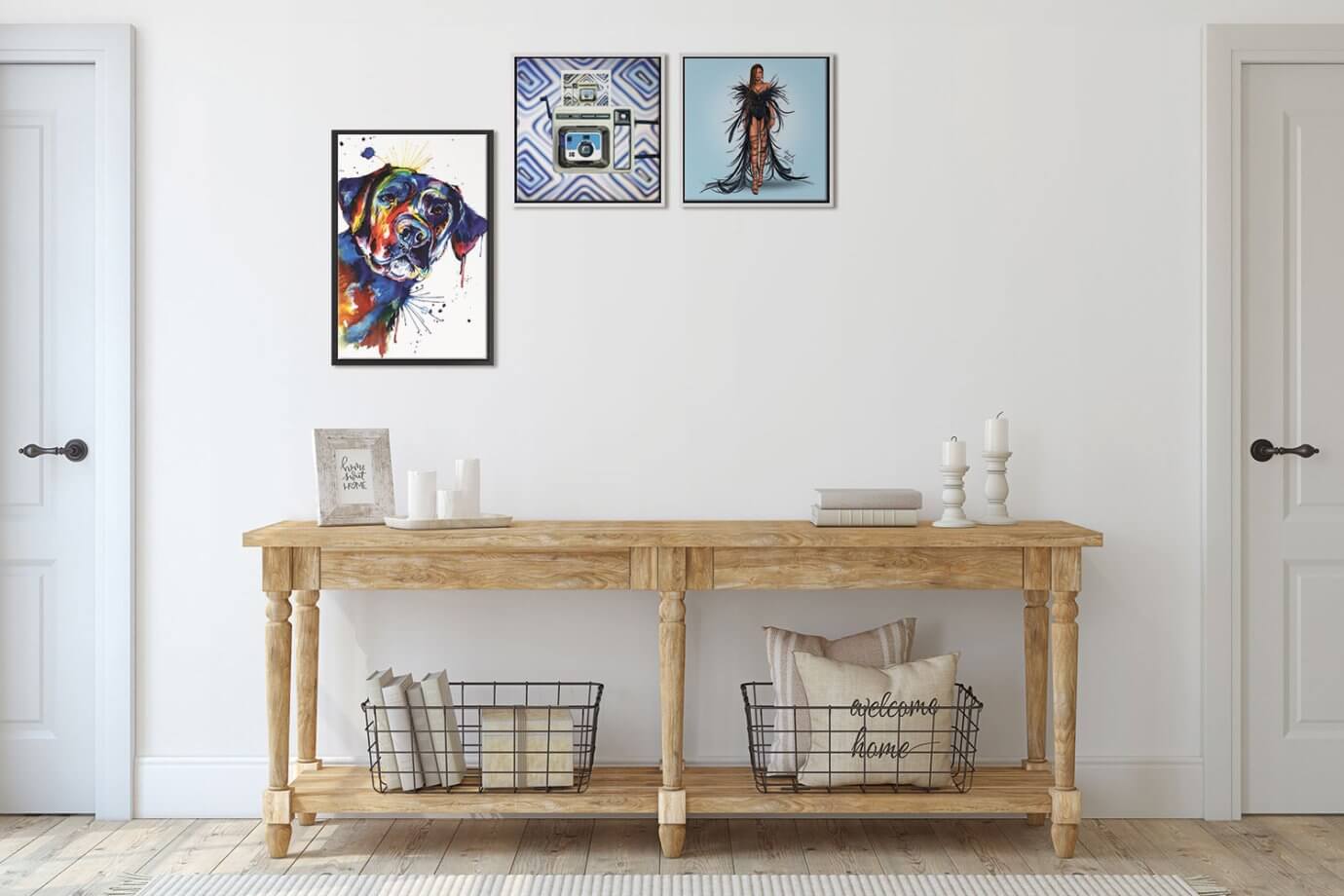 Dog painting, vintage camera art, and beyonce painting above a wood entryway table