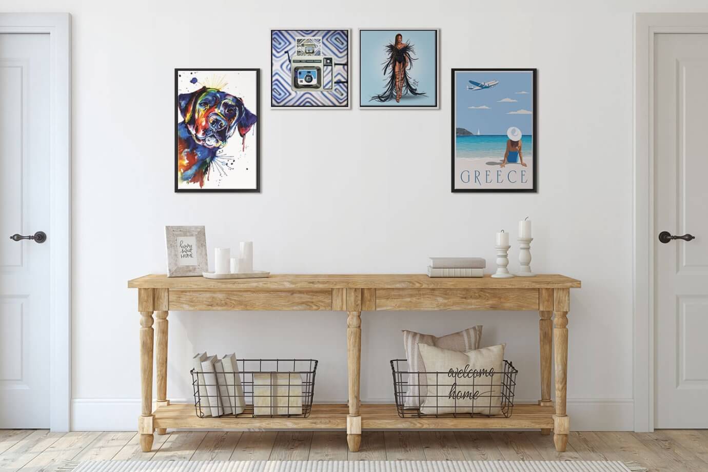 Dog painting, vintage camera art, and beyonce painting, and greece travel poster above a wood entryway table