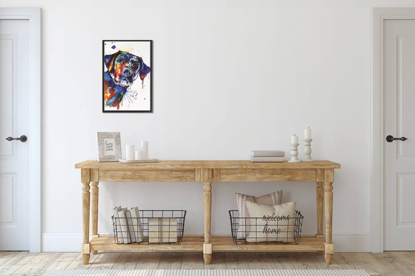 dog painting above wood entryway table