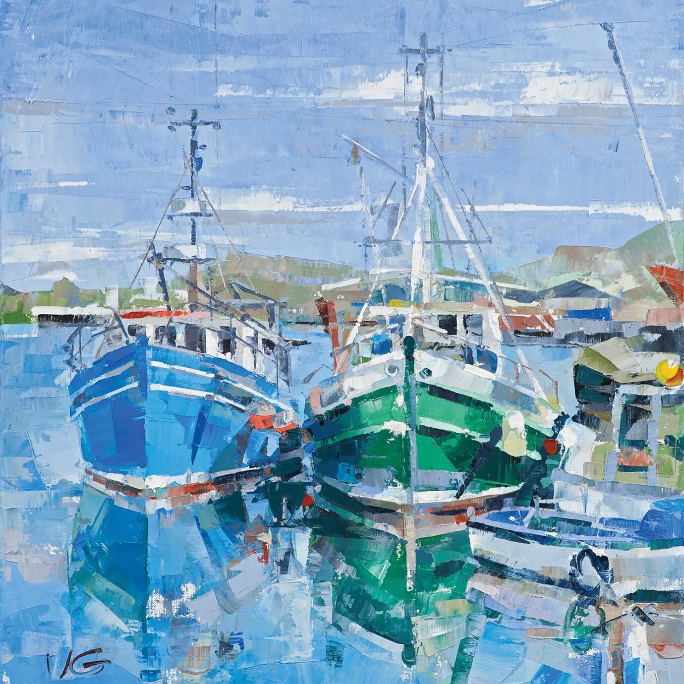 Volodymyr Glukhomanyuk painting - blue and green boats in water