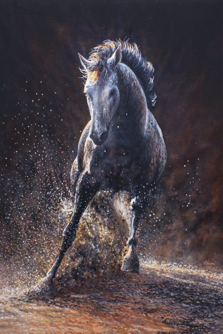 chami's art painting - a horse running with splashes of water