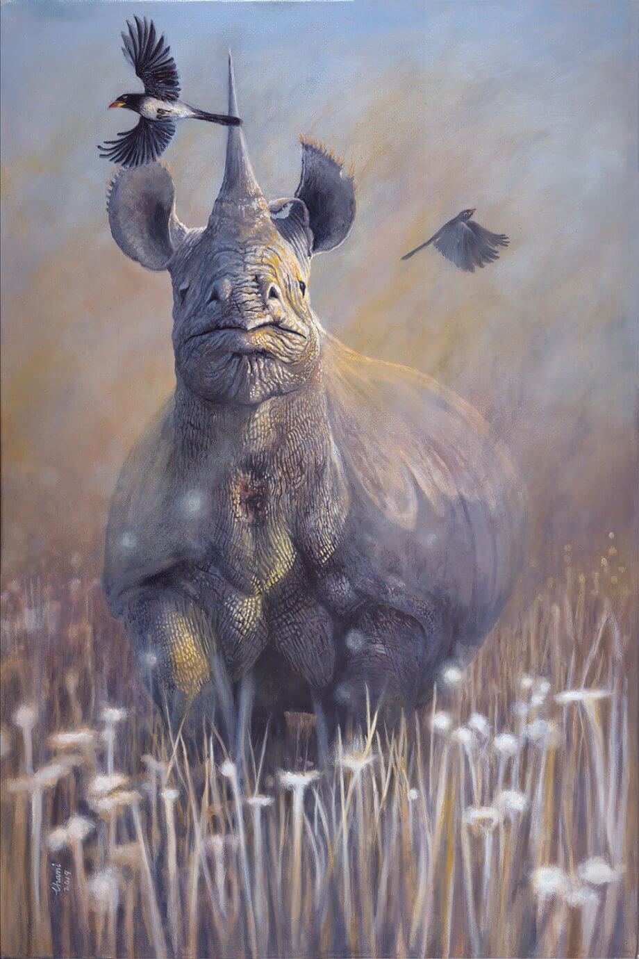 chami's art painting - rhino in a field with birds