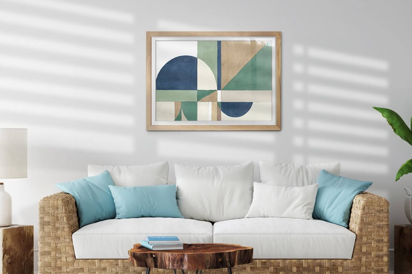 abstract geometric artwork hanging above couch