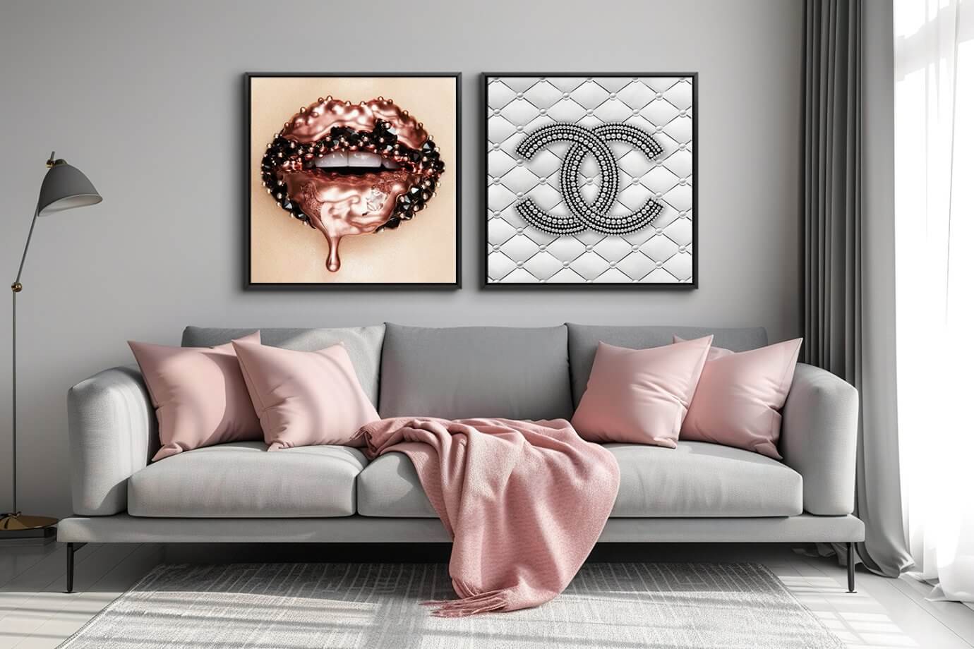 fashion artwork above gray couch 