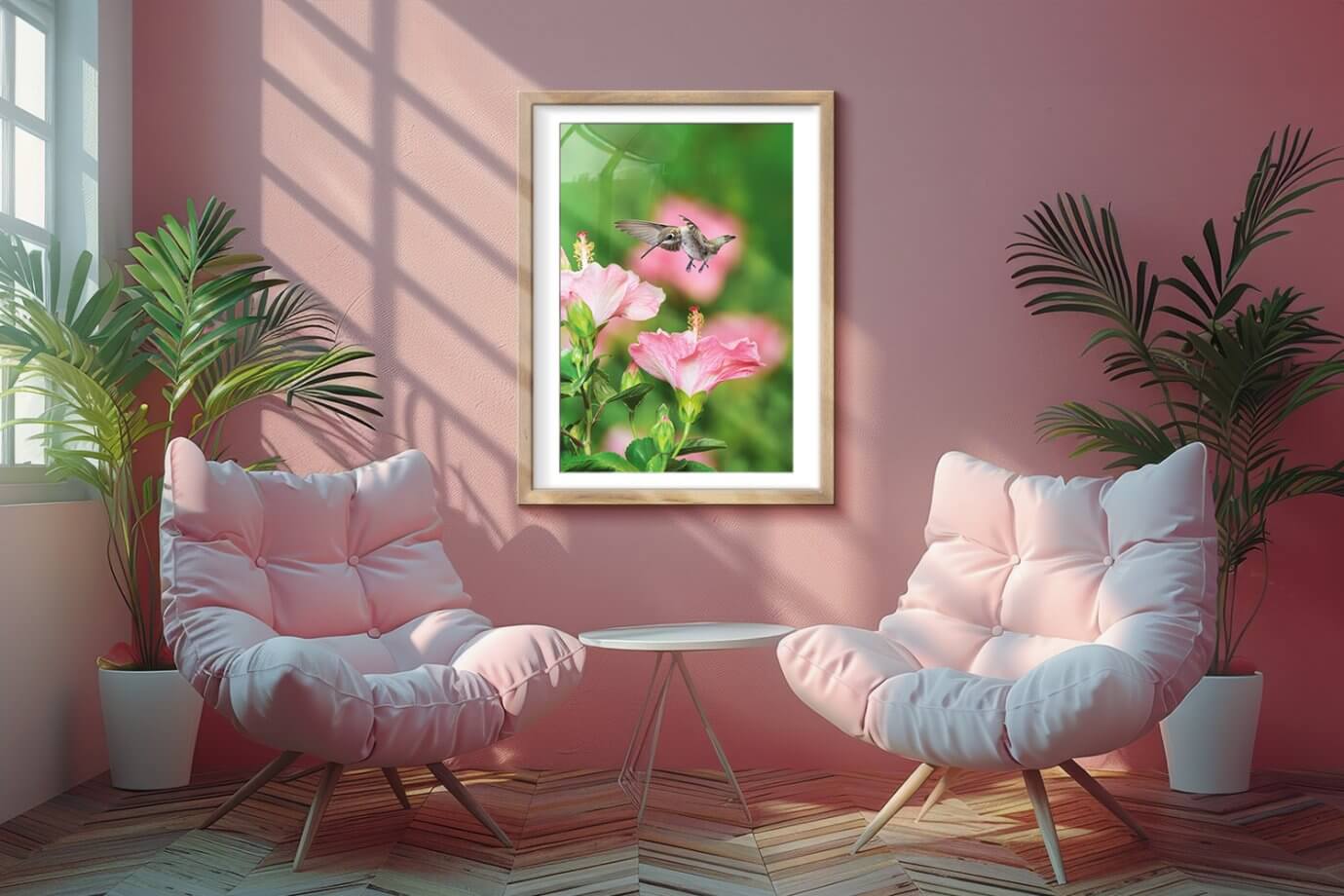flower and bird photograph in pink room