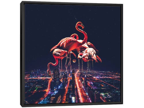 soaring anchor designs digital art - giant flamingos in a nighttime city
