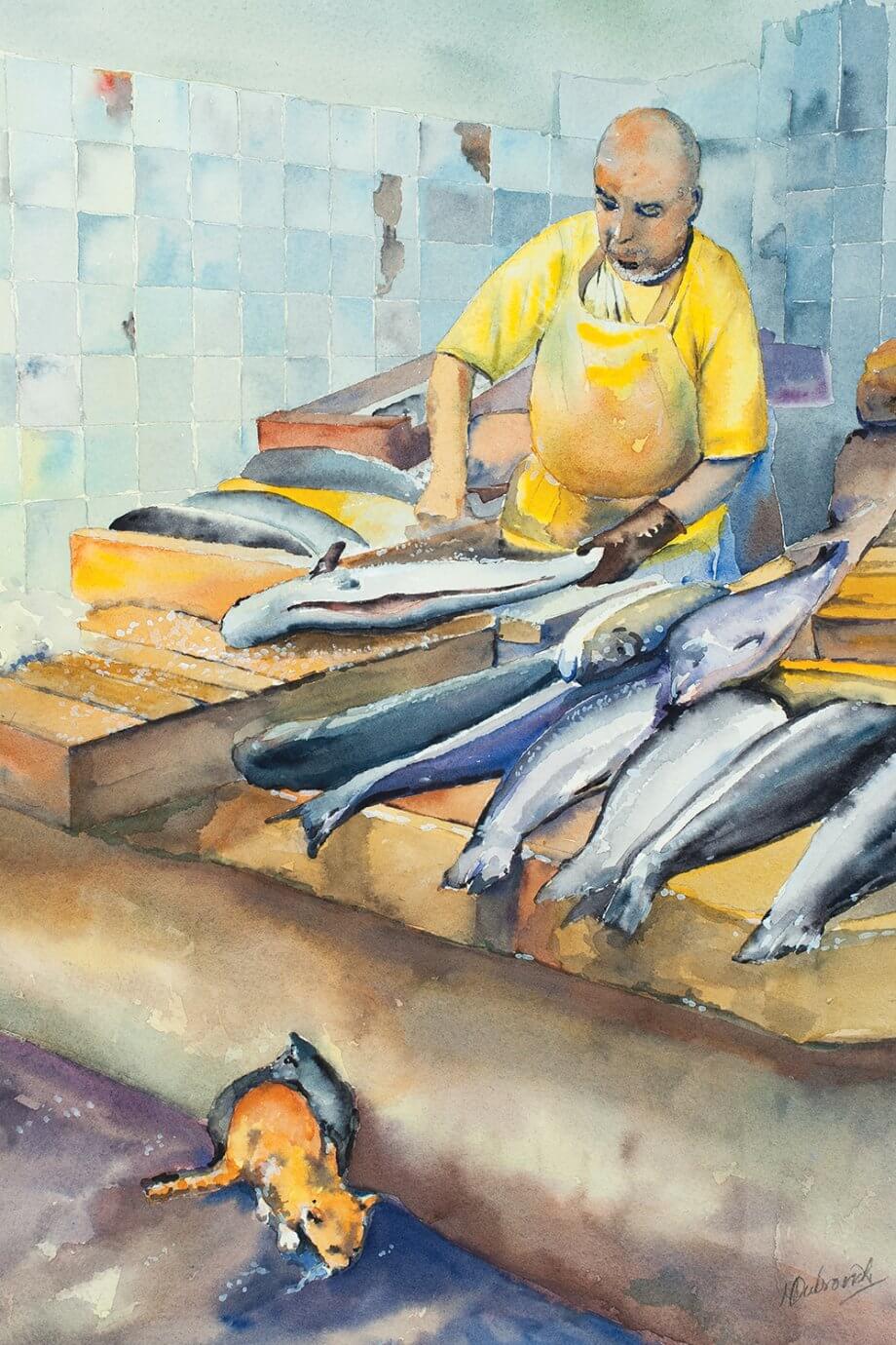 helen dubrovich watercolor painting - fish market