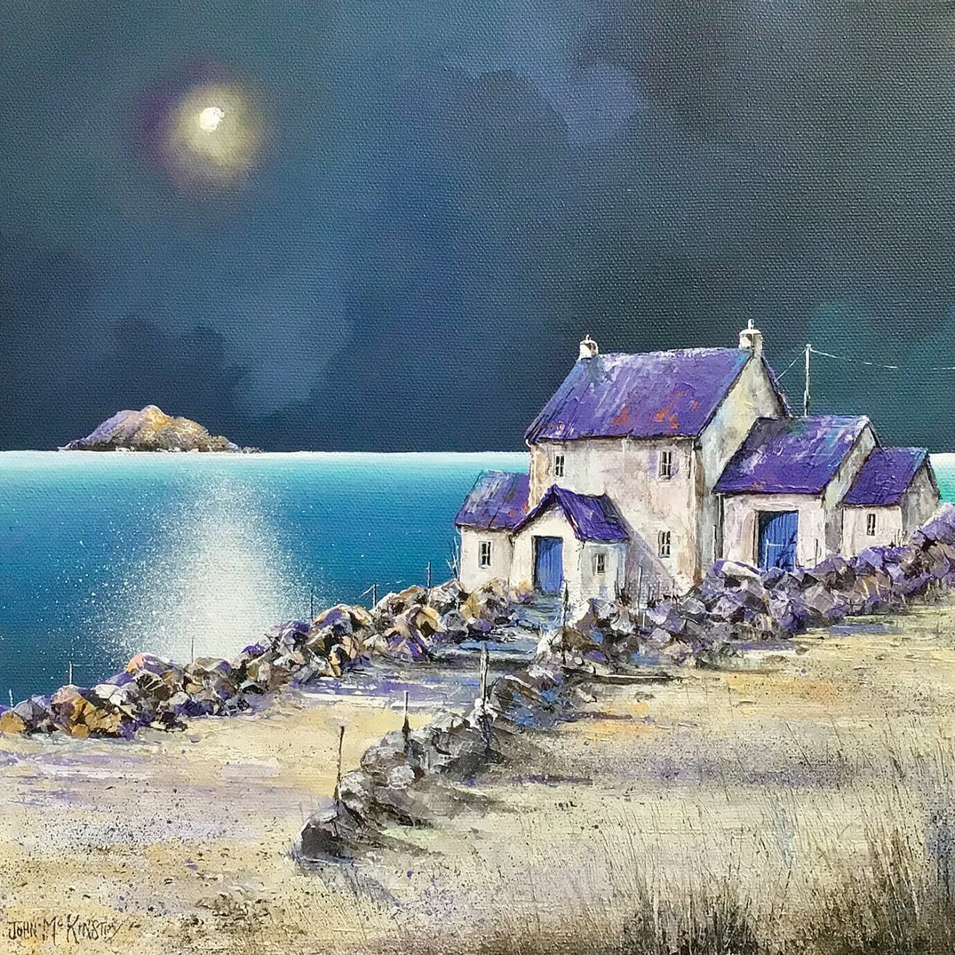 john mckinstry painting - island cottage under moonlight