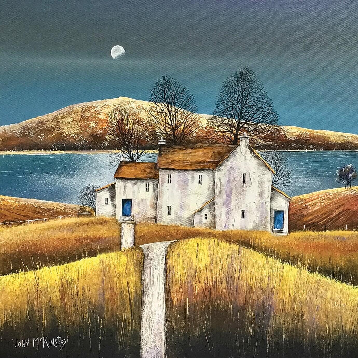 john mckinstry painting - coastal cottage under moonlight