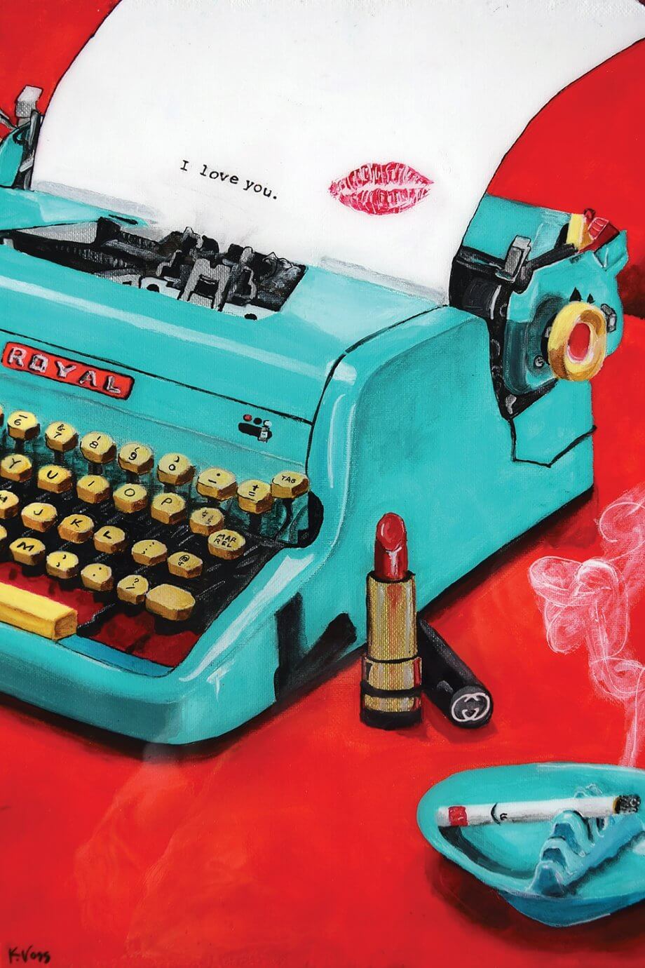 kristin voss painting - teal typewriter
