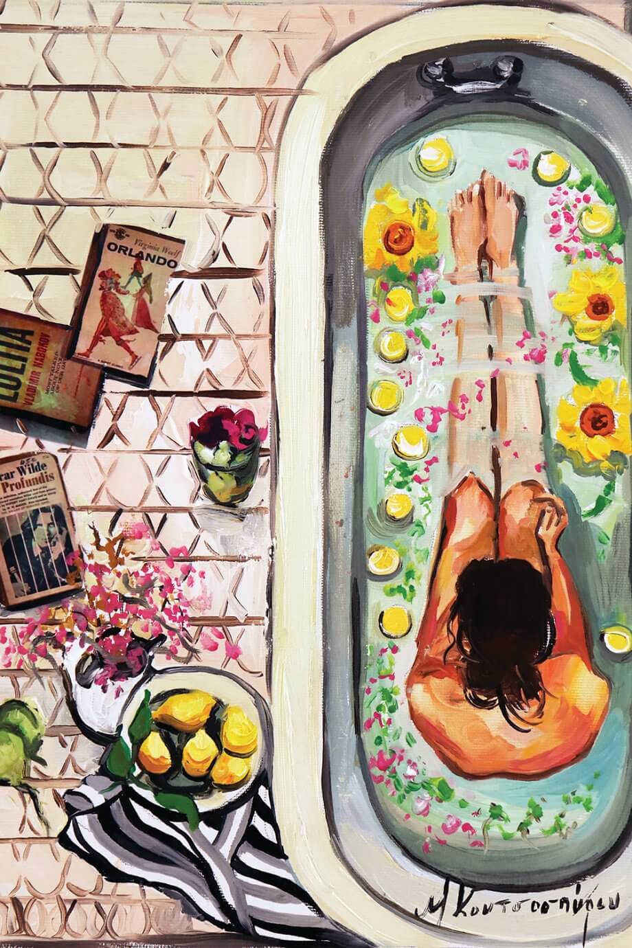 Marina Koutsospyrou painting - women in bathtub