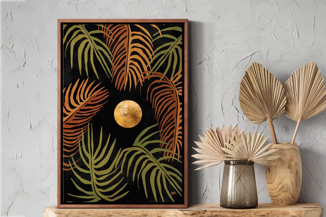 Moon and palm trees painting in wooden frame
