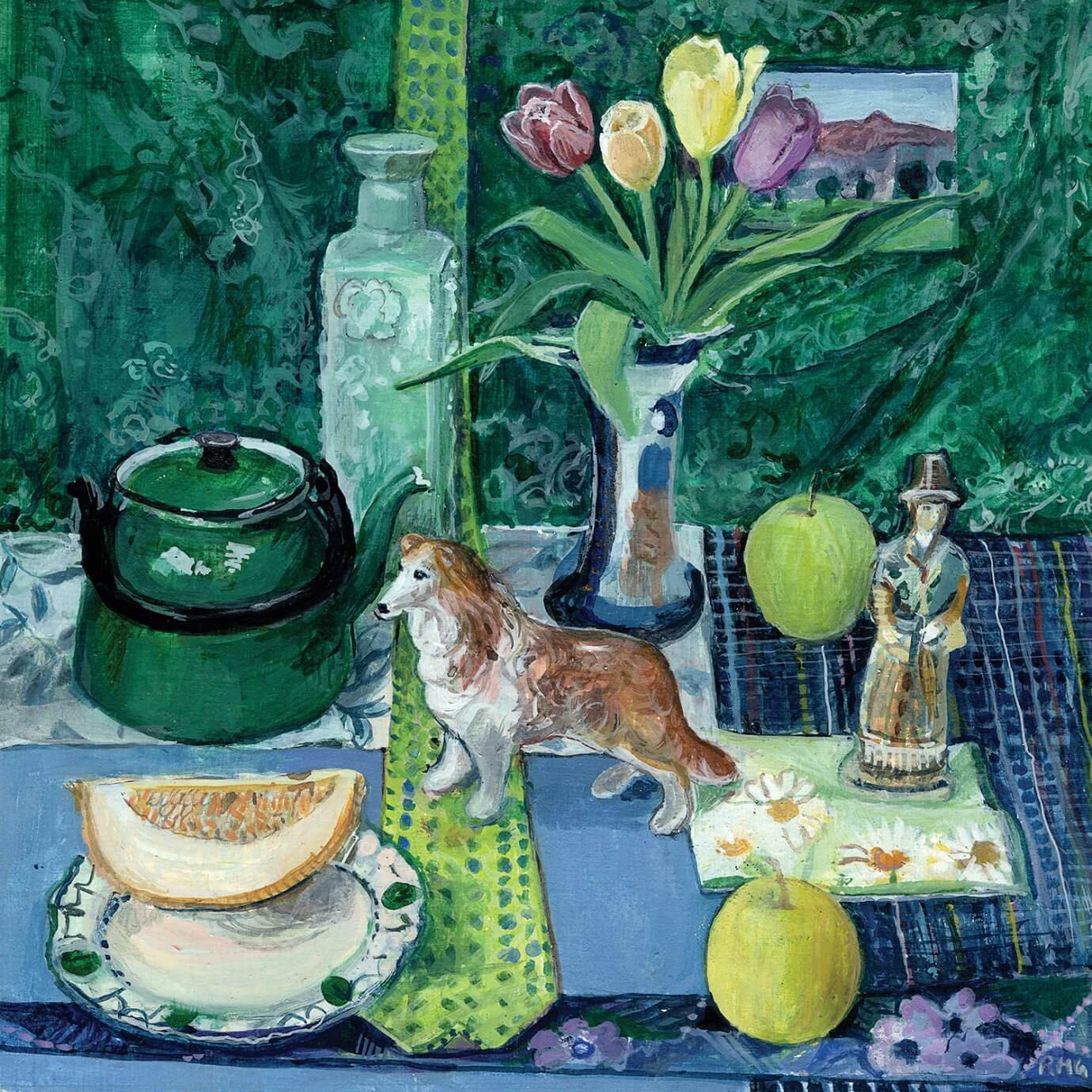 Rebecca Moss Guyver painting - green still life with dog
