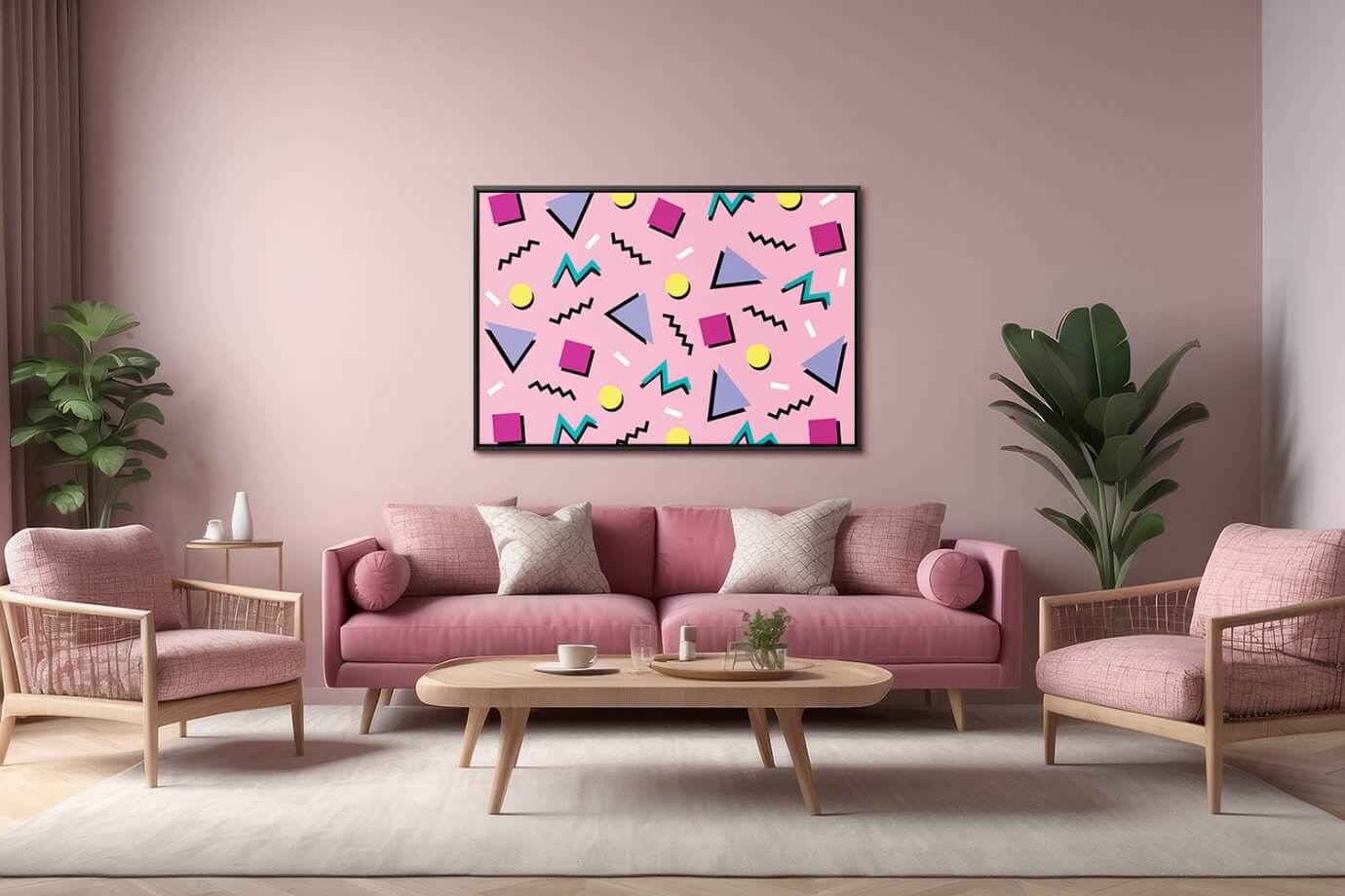 retro patterned artwork above pink couch