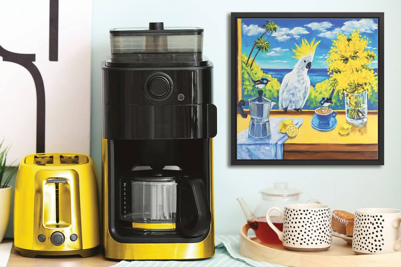 colorful parrot art by coffee maker