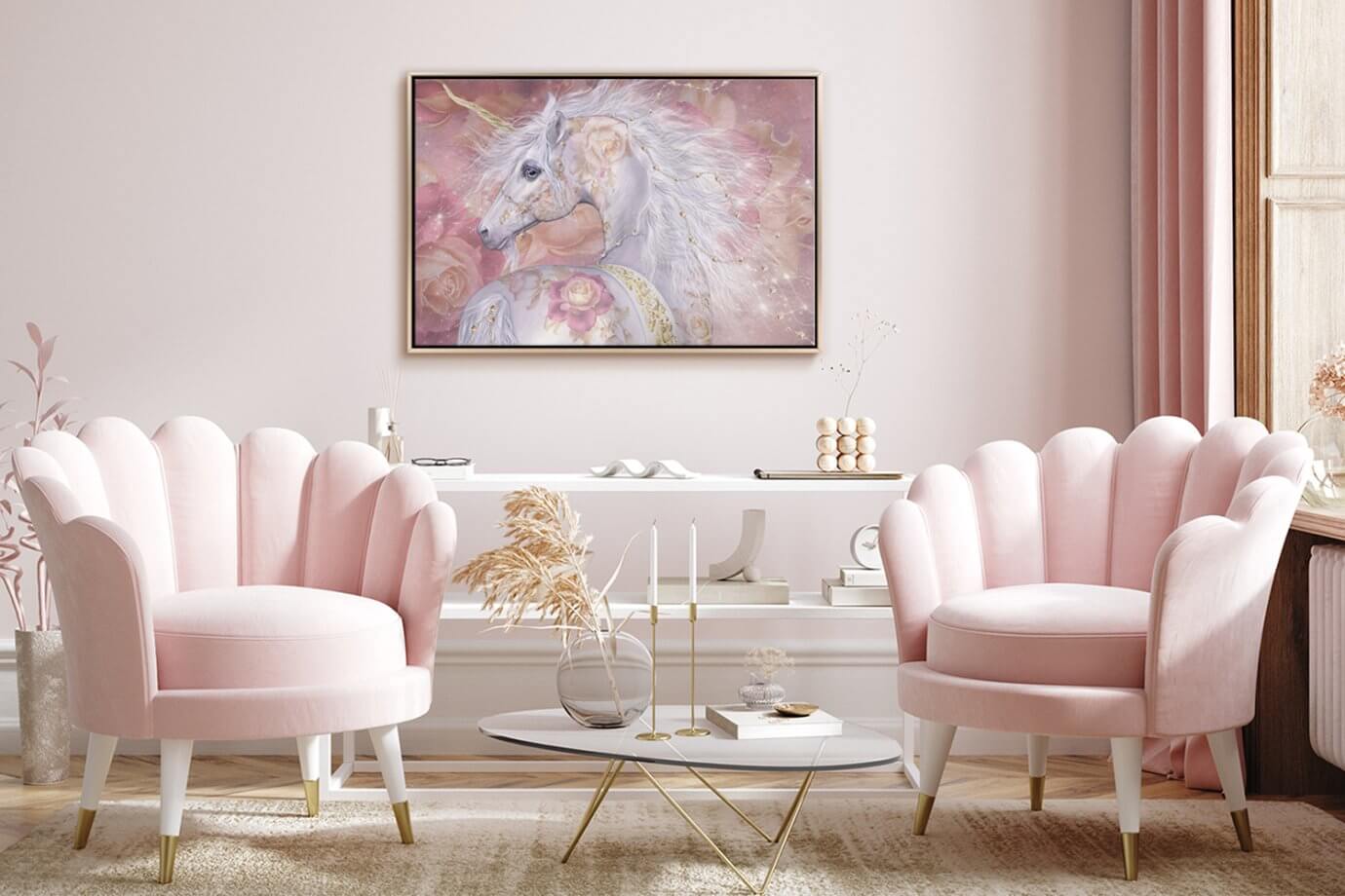 unicorn artwork in a pink room