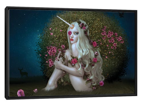 natalie shau mixed media art - woman unicorn with fllowers