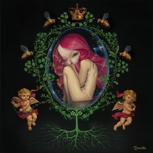 Woman with pink hair crouched inside of a clear egg surrounded by baby angels