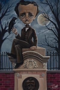 edgar allen poe sitting in tom of tombstone holding a raven