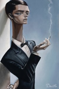man with long neck and bow tie smoking cigarette