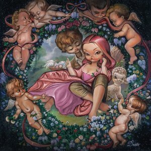 woman with pink hair sitting with man surrounded by baby angels