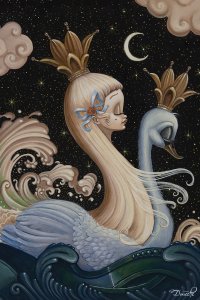woman with long blonde hair riding a swan under a starry night