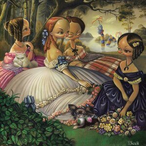 Group of women sitting outside in gowns