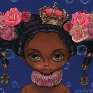 portrait of woman with big green eyes and pink flowers in hair