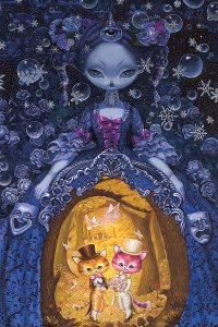 woman in purple gown with pink and orange cats