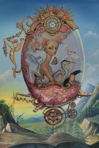 woman with flowers in hair sitting inside of egg shaped machine