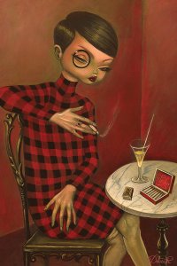 person smoking while wearing black and red checkered dress