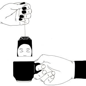 woman's face on a teabag being dipped into a black mug