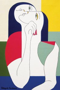 abstract woman with two faces against yellow, green, and blue background