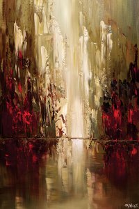 textured abstract gold and red painting of skyscrapers