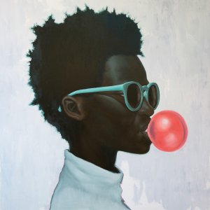 portrait of a black individual wearing teal sunglasses and blowing a bubble with gum