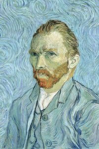 portrait of vincent van gogh against wavy blue background