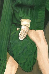 Woman wearing green outfit while holding green purse