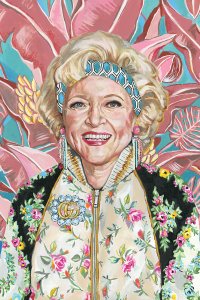 portrait of golden girls rose wearing gucci floral jacket against pink floral background