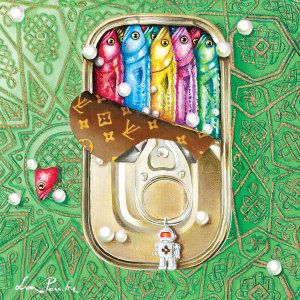 tin can of sardines against a patterned green background