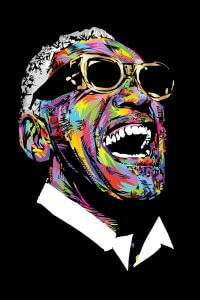 portrait of ray charles with multicolored face