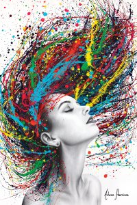 black and white portrait of a woman with multi-colored splatter paint hair