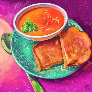 Grilled cheese on green plate with a bowl of tomato soup