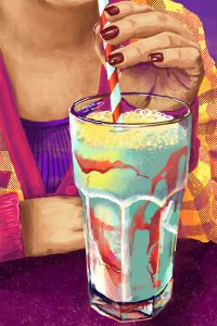 woman drinking strawberry milkshake from paper straw