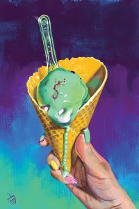 woman's hand holding a waffle cone with melting green ice cream