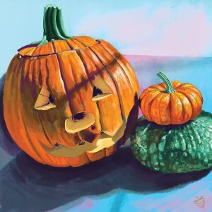 carved jack-o-lantern pumpkin next to orange and green pumpkins