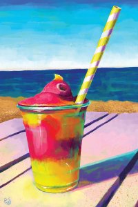 Red and yellow smooth with paper straw in front of the ocean