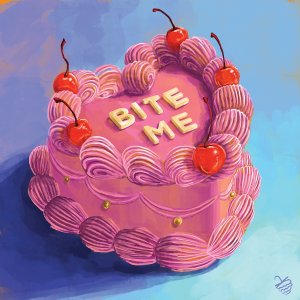 heart shaped cake that reads "bite me" with cherries on the border