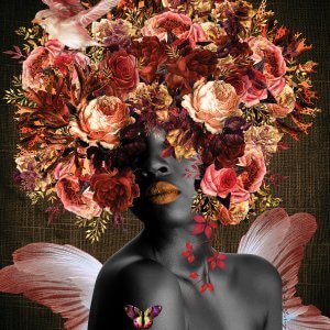 black woman with her hair full of red and orange flowers